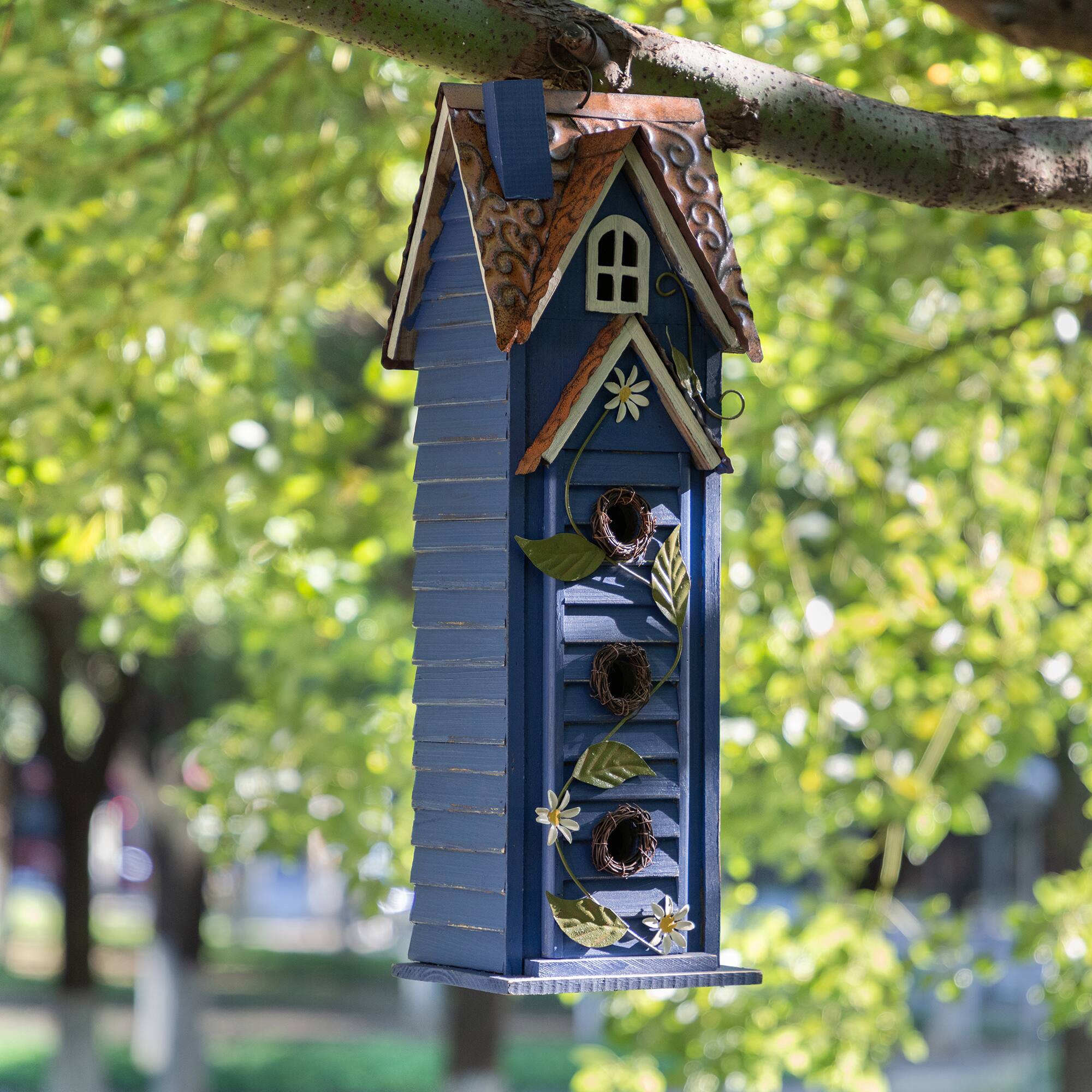 Glitzhome® 24.25" Oversized Washed Blue 3-Tiered Solid Wood Villa Birdhouse
